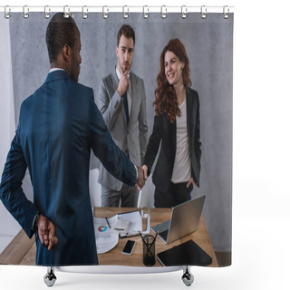 Personality  Businessman With Fingers Crossed Shaking Hand To Partner  Shower Curtains