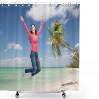Personality  Smiling Young Woman Jumping In Air Shower Curtains