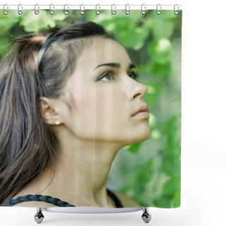 Personality  Portrait Of Beautiful Cute Young Girl Yearning In Leafage Outdoo Shower Curtains