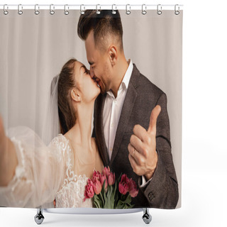 Personality  Man Showing Thumb Up While Kissing Bride Isolated On Grey With Lilac Shade Shower Curtains