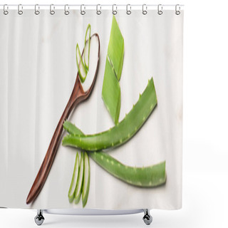 Personality  Aloe Vera Leaves, Pieces And Slices Near Wooden Spoon With Homemade Cosmetic Cream On White, Banner Shower Curtains