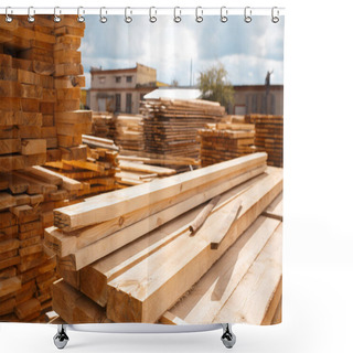 Personality  Boards On Timber Mill Warehouse Outdoor, Nobody, Lumber Industry, Carpentry. Wood Processing On Factory, Forest Sawing In Lumberyard, Sawmill Shower Curtains