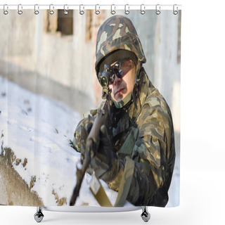 Personality  Soldier Targed At Someone With A Riffle Shower Curtains