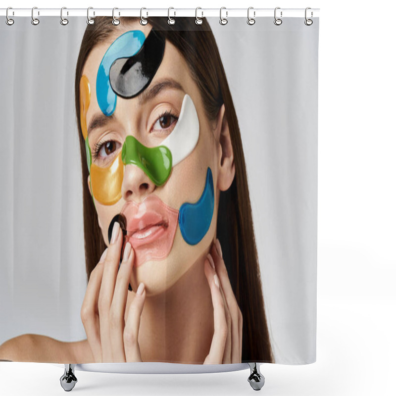 Personality  A Young Woman With Eye Patches On Her Face Creating A Bold Statement With Eye-catching Colors. Shower Curtains