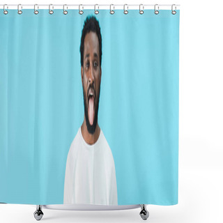 Personality  African American Man Sticking Tongue Out Isolated On Blue  Shower Curtains