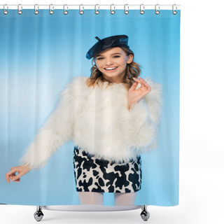 Personality  Happy Young Woman In Beret, White Faux Fur Jacket And Skirt With Cow Print Posing On Blue Shower Curtains