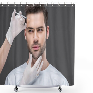 Personality  Hands In Medical Gloves Making Beauty Injection For Handsome Man, Isolated On Grey Shower Curtains