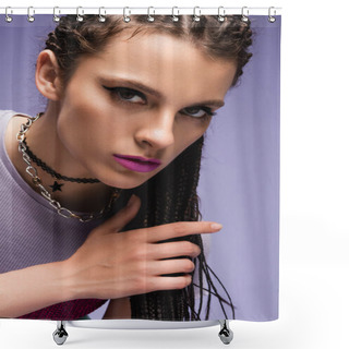 Personality  Portrait Of Stylish Woman In Necklaces And Makeup Looking At Camera Isolated On Purple Shower Curtains