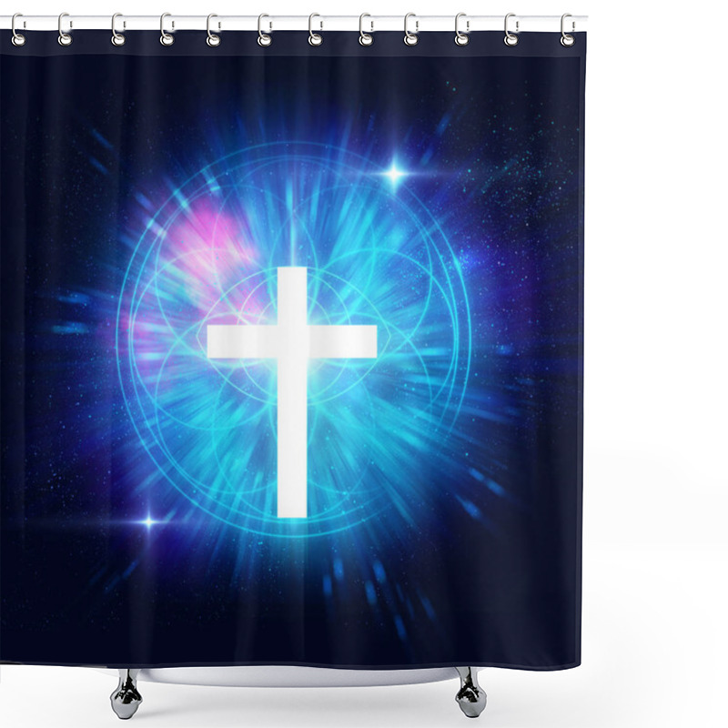 Personality  White Light Cross On Sacred Geometry Element Background Shower Curtains