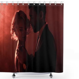 Personality  Passionate Couple Hugging On Red Smoke Background Shower Curtains