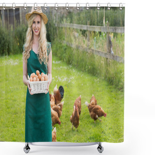 Personality  Young Woman Showing A Basket Filled With Eggs Shower Curtains