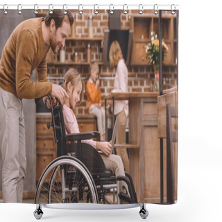 Personality  Side View Of Happy Father Looking At Smiling Disabled Daughter Using Laptop At Home Shower Curtains