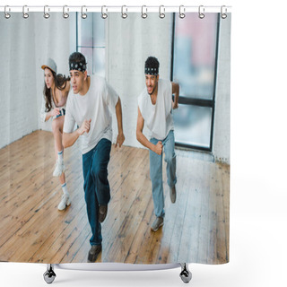 Personality  Selective Focus Of Handsome Multicultural Dancers In Headbands Dancing With Girl Shower Curtains