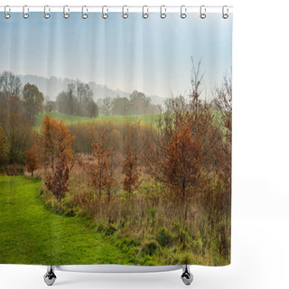 Personality  Winter Scene In Cheshire, UK Showing Trees With Few Leaves And Misty Landscape Shower Curtains