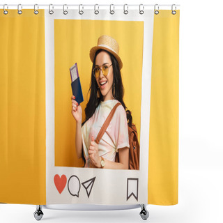 Personality  Happy Brunette Girl In Summer Outfit Holding Air Ticket In Social Network Frame On Yellow Background Shower Curtains
