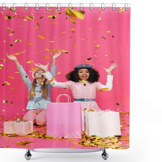 Personality  Astonished, Stylish Multicultural Kids Having Fun Near Confetti And Presents On Pink Shower Curtains