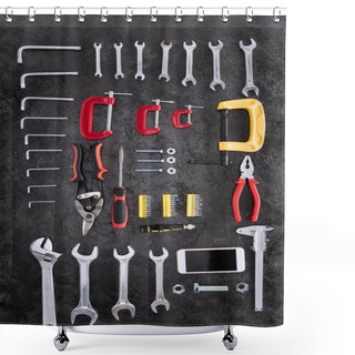 Personality  Top View Of Set Of Construction Tools And Smartphone On Black  Shower Curtains