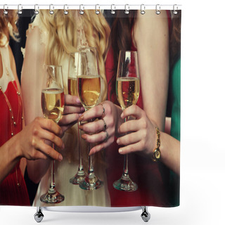 Personality  Lifestyle, Party And People Concept - Group Of Partying Girls Clinking Flutes With Sparkling Wine Shower Curtains
