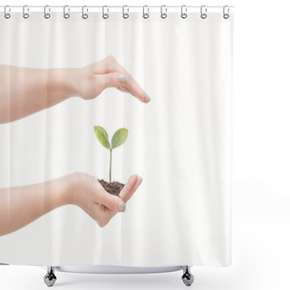 Personality  Cropped View Of Female Hands Saving Ground With Green Plant Isolated On White                                       Shower Curtains