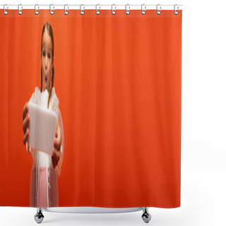 Personality  Shocked Girl With Open Mouth Taking Selfie On Smartphone Isolated On Orange, Banner Shower Curtains