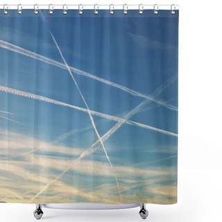 Personality  Chemtrails And Airplane Flying In The Blue Sky Shower Curtains