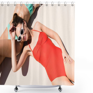 Personality  High Angle View Of Attractive Young Women Tanning On Light Surface Shower Curtains