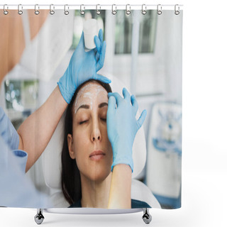 Personality  Beautiful Young Female Patient Preparing For Medical And Beauty Treatment With Botulinum Toxin Injections. Shower Curtains