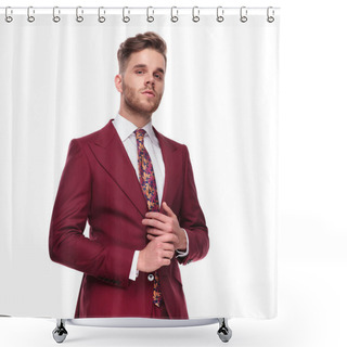 Personality  Portrait Of Proud Man Iwearing An Elegant Grena Suit Arranging His Ring While Standing On White Background Shower Curtains