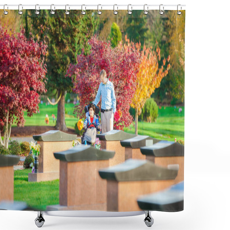 Personality  Father And Disabled Son In Wheelchair  Visiting Gravesite In Cem Shower Curtains