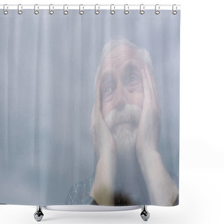 Personality  Selective Focus Of Senior, Lonely Man Touching Face And Looking Away Through Window Glass Shower Curtains