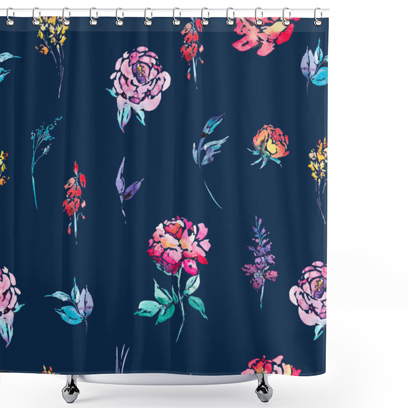 Personality  Watercolor Floral Seamless Border With Red Roses Shower Curtains