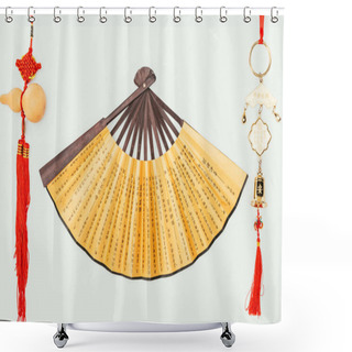 Personality  Top View Of Traditional Chinese Handheld Fan With Talismans Isolated On White Shower Curtains