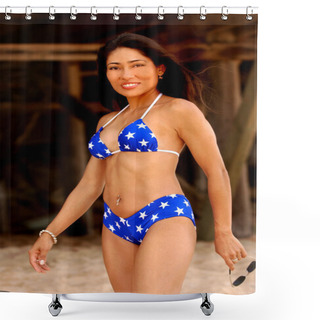 Personality  White Stared Blue Swimsuit - Curvy Beautiful Brunette Shower Curtains