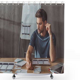 Personality  Selective Focus Of Handsome Designer Planning Mobile App With Layouts On Table Shower Curtains