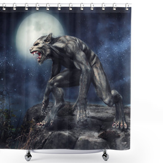 Personality  Fantasy Werewolf Standing On A Rocky Cliff On A Full Moon Night. 3D Render. Shower Curtains