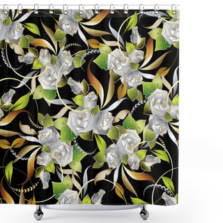 Personality  White Roses Vintage Floral Seamless Pattern. Vector Flourish Shower Curtains