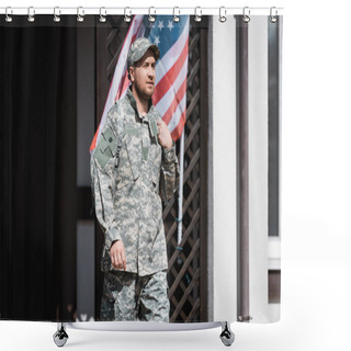Personality  Confident Military Man Looking Away While Standing Near House And American Flag Shower Curtains