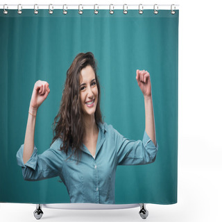 Personality  Cheerful Woman With Raised Fists Shower Curtains