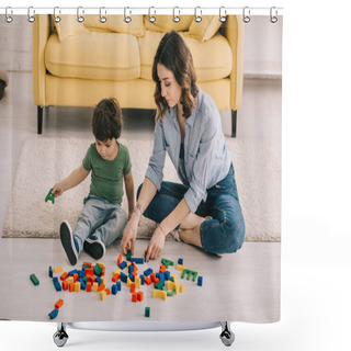 Personality  Mother And Son Playing With Toy Blocks On Carpet Shower Curtains