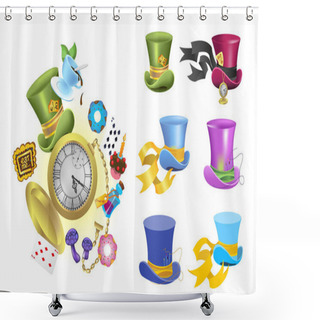 Personality  Set With Magic Items From The Collection Of Alice Characters In Wonderland. Shower Curtains