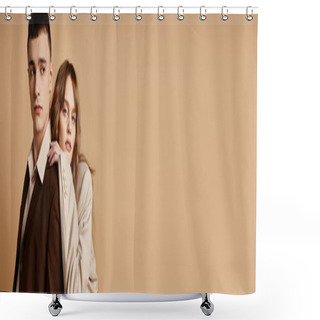 Personality  Young Man In Debonair Suit Posing Next To His Beautiful Girlfriend Who Looking At Camera, Banner Shower Curtains