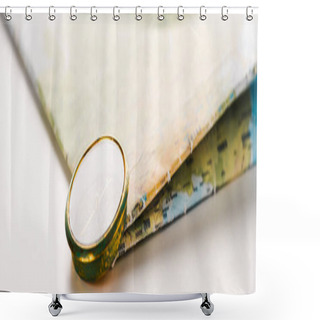 Personality  Panoramic Shot Of Golden Compass Near Map On White  Shower Curtains