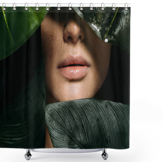 Personality  Cropped View Of Girl With Freckles Posing With Green Tropical Leaves Shower Curtains