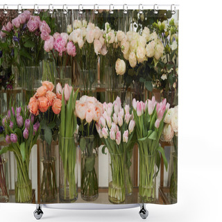 Personality  Roses, Tulips And Peonies In Glass Vases  Shower Curtains