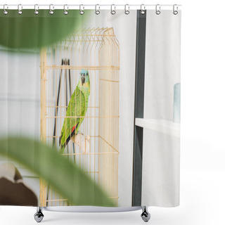 Personality  Selective Focus Of Cute Green Amazon Parrot Sitting In Bird Cage Shower Curtains
