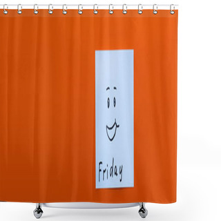 Personality  Top View Of Cheerful Emoticon Near Friday Lettering On Sticky Note On Red Background, Banner Shower Curtains