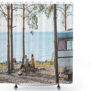 Personality  Young Couple Having Picnic At Campervan Near The Sea Shower Curtains
