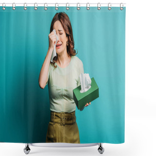 Personality  Crying Woman Wiping Tears With Paper Napkins On Blue Background Shower Curtains
