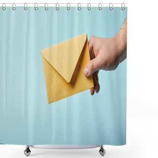 Personality  Cropped View Of Man Holding Bright And Yellow Envelope On Blue Background  Shower Curtains
