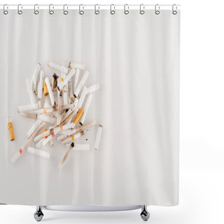 Personality  Plenty Of Cigarette Ends On White Surface, Ecology Concept, Top View Shower Curtains